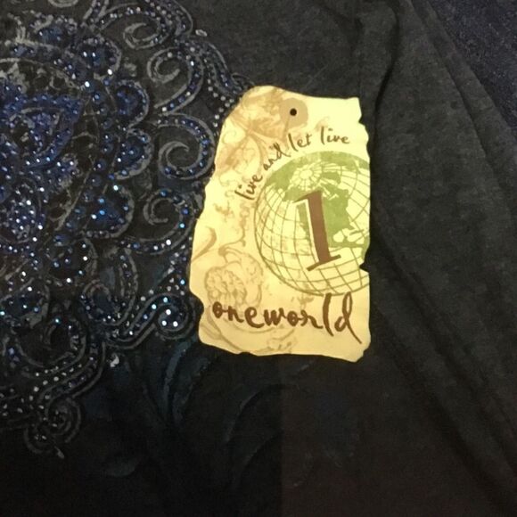 ONE WORLD Heather Blue Sequin Soft Knit Top Sz S - Picture 3 of 3